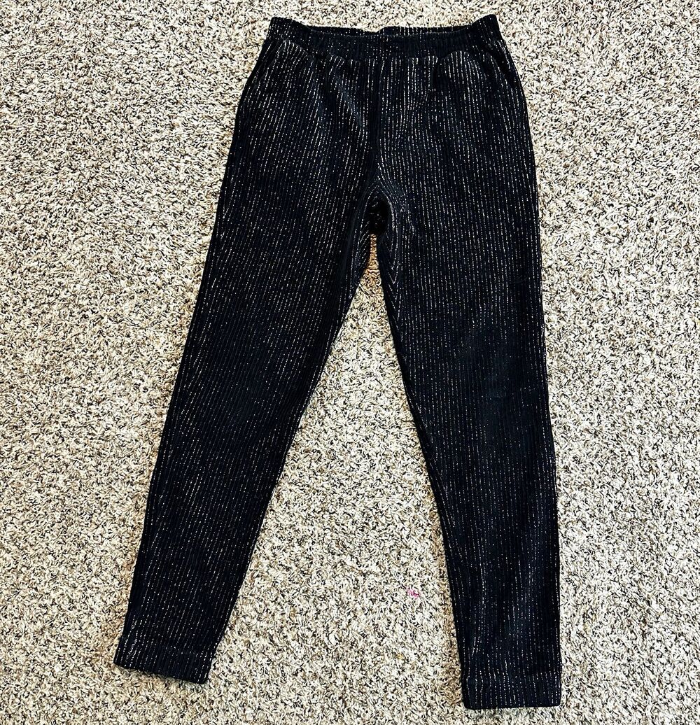 BCG Girls Black/Silver Metallic Stripe Ribbed Ankle Leggings Sz L 12-14